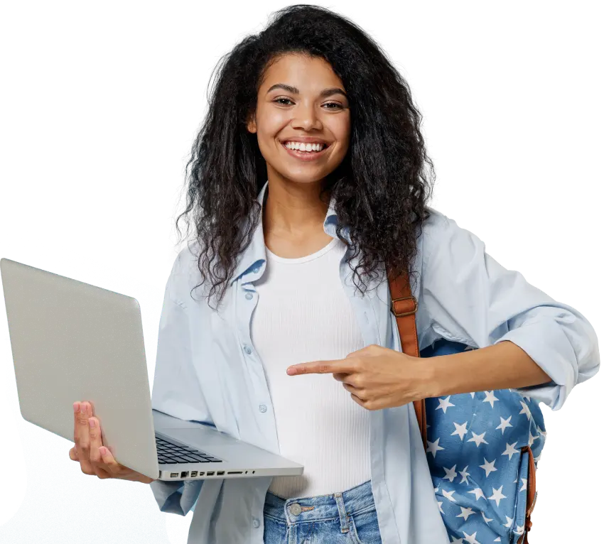 Smiling teacher holding a laptop and pointing at an approval request message, showcasing Schoolvoice’s interactive platform for school-parent engagement